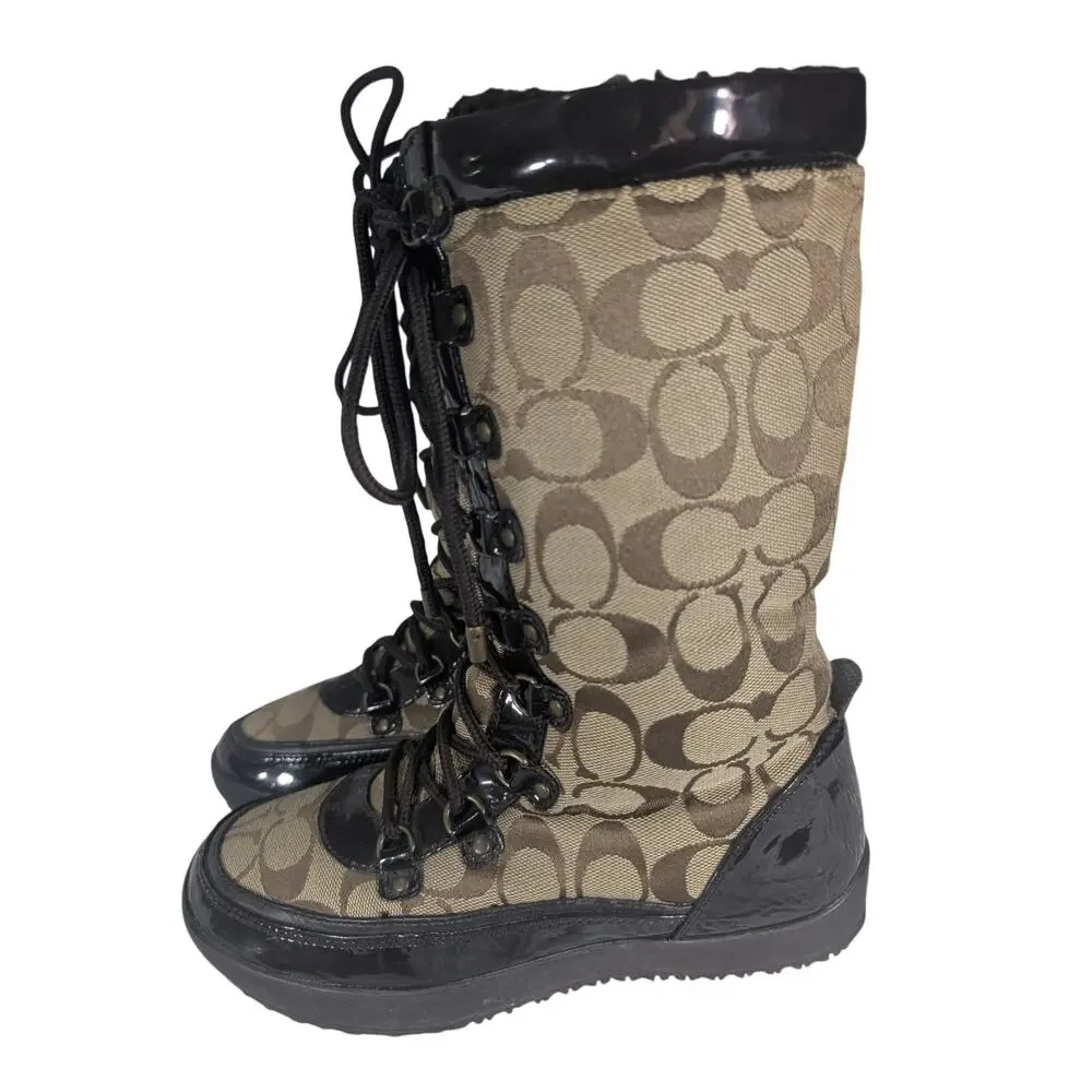 COACH! BROWN MONOGRAM & PATENT LEATHER INSULATED LACE UP WINTER BOOTS! SZ 6.5M